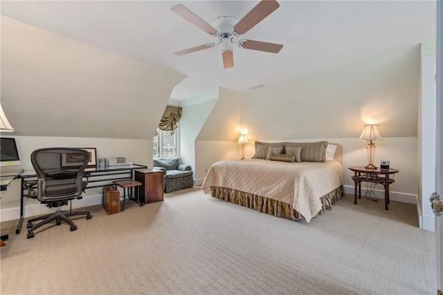 bedroom with carpet flooring, ceiling fan, and lofted ceiling