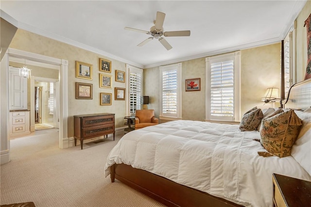 bedroom with light colored carpet, ceiling fan, and ornamental molding