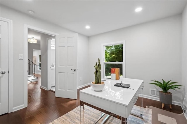 office area with dark hardwood / wood-style floors