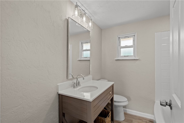 bathroom with toilet, hardwood / wood-style flooring, and vanity