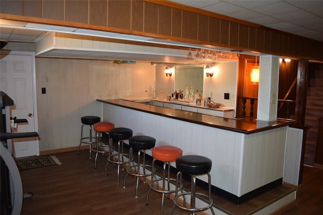 bar with dark hardwood / wood-style floors and wood walls