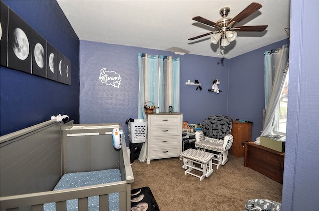 carpeted bedroom featuring ceiling fan