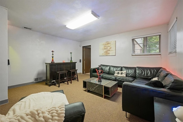 living room featuring carpet flooring and bar area