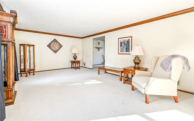 living area with ornamental molding, light carpet, and a textured ceiling