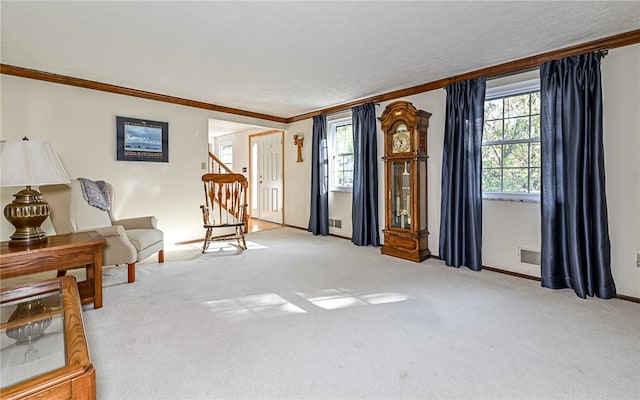 sitting room featuring ornamental molding, light colored carpet, plenty of natural light, and a textured ceiling