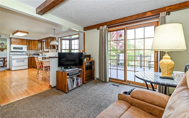 living room featuring light hardwood / wood-style flooring, a textured ceiling, and beam ceiling