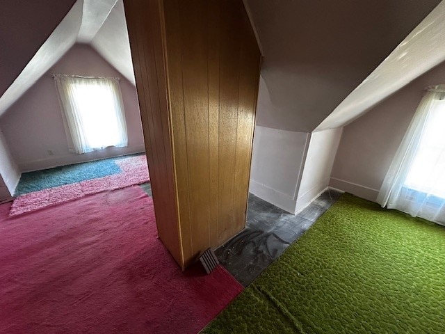 additional living space with lofted ceiling and dark carpet