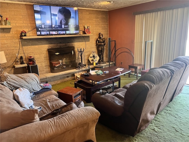 living room featuring brick wall and a textured ceiling