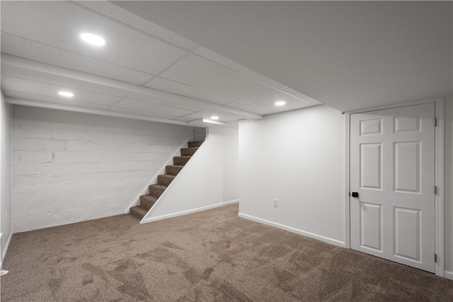 basement featuring carpet flooring