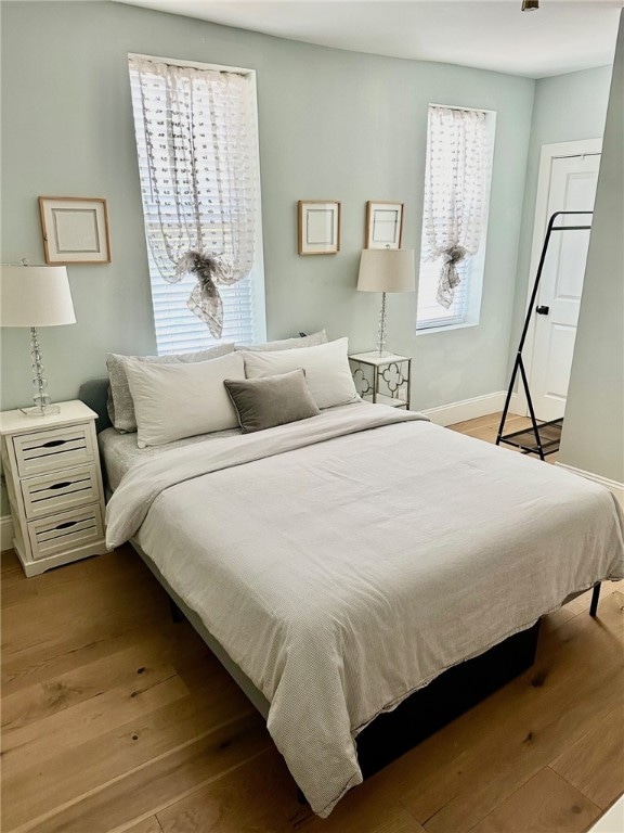 bedroom featuring multiple windows and light wood-type flooring