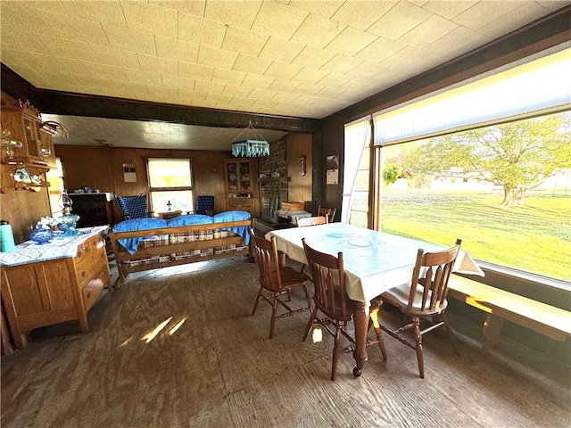 dining area with dark wood-type flooring, wood walls, and a wealth of natural light