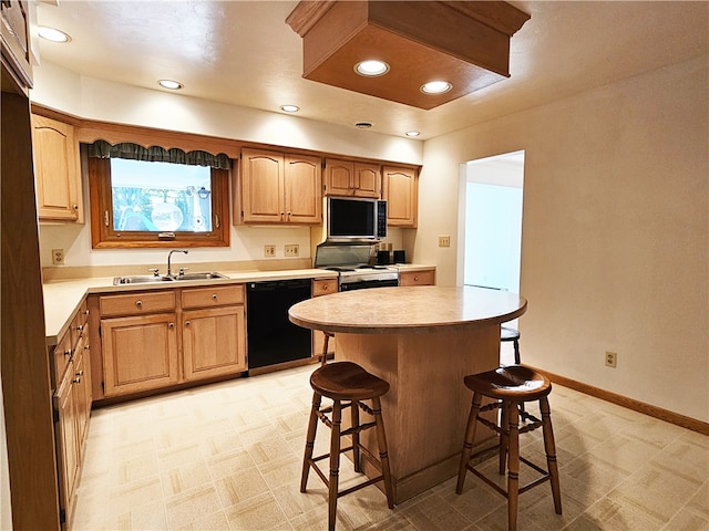 kitchen with black dishwasher, sink, white range, a center island, and a breakfast bar