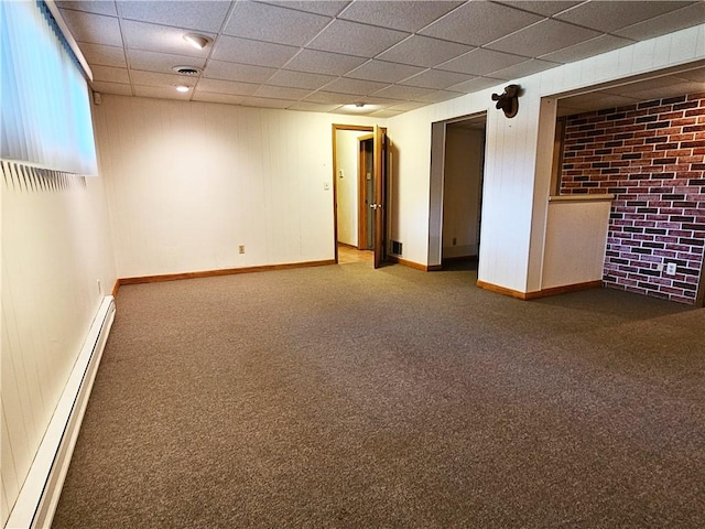 2656 Shelly Dr, White Twp Ind, PA 15701 - interior space with a baseboard heating unit, a paneled ceiling, baseboards, visible vents, and carpet floors