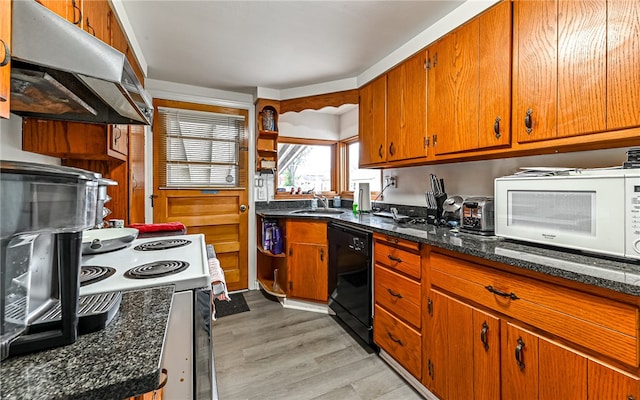 kitchen with sink, dishwasher, dark stone counters, and light hardwood / wood-style flooring