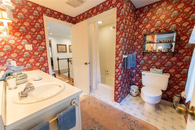 full bathroom with toilet, shower / bath combo, and vanity