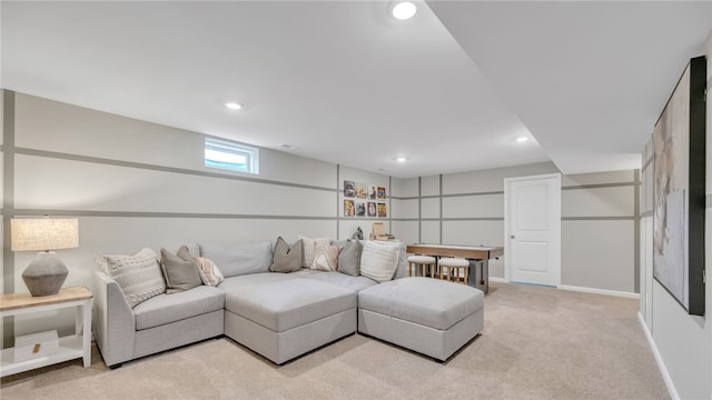 living room featuring light carpet