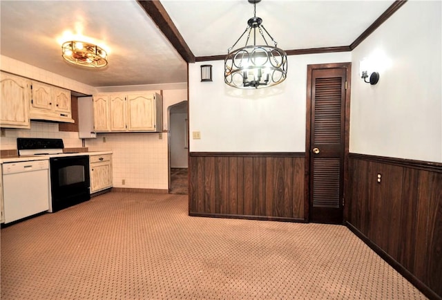 kitchen featuring dishwasher, electric stove, a wainscoted wall, and range hood