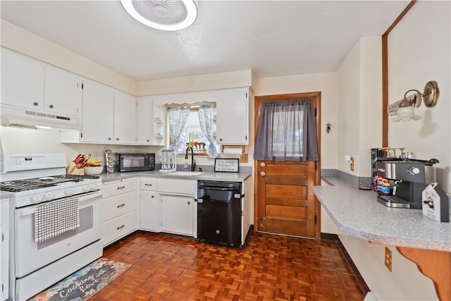 kitchen featuring white cabinets, black appliances, sink, and dark parquet floors