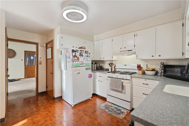 kitchen with sink, white cabinets, dark parquet floors, and white appliances