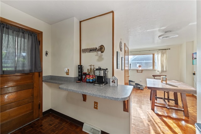 kitchen with dark parquet flooring