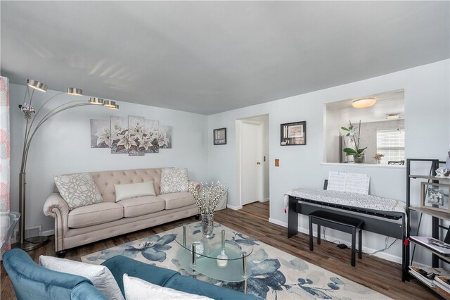 living room with dark hardwood / wood-style flooring