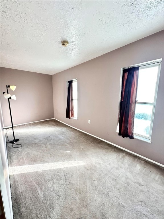 spare room with a healthy amount of sunlight, carpet, and a textured ceiling