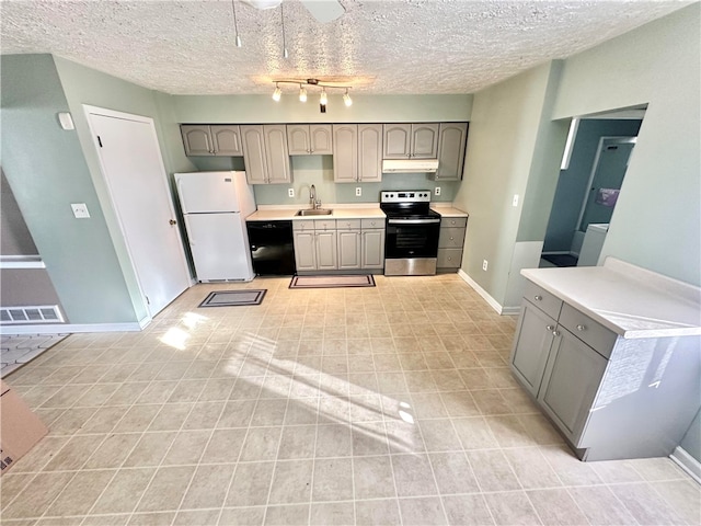 kitchen with black dishwasher, a textured ceiling, electric stove, gray cabinets, and white refrigerator