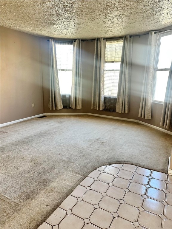 carpeted empty room with a textured ceiling and plenty of natural light