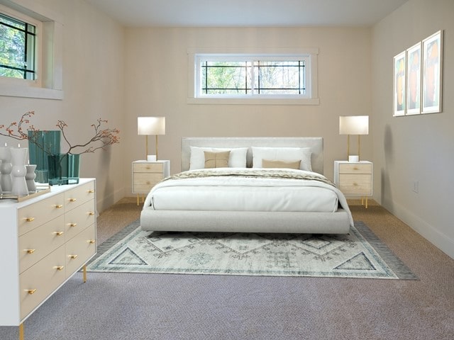 carpeted bedroom with multiple windows