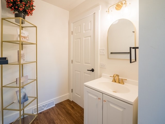 bathroom featuring vanity and wood-type flooring