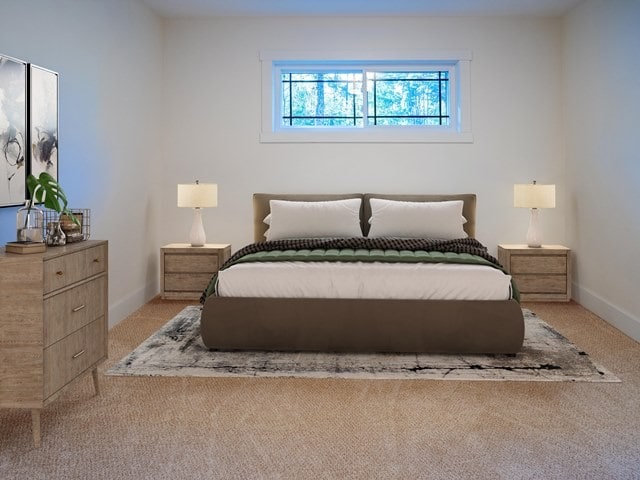 bedroom with light colored carpet