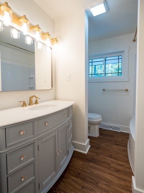 bathroom with vanity, hardwood / wood-style floors, and toilet