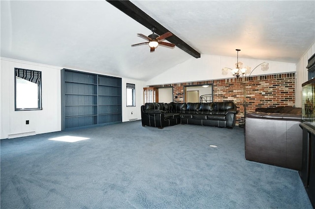 unfurnished living room with dark colored carpet, a healthy amount of sunlight, vaulted ceiling with beams, and a baseboard heating unit