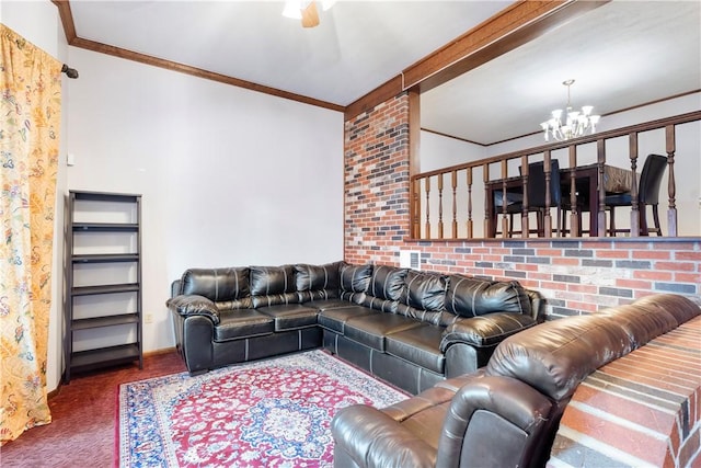 living room with ceiling fan with notable chandelier and crown molding