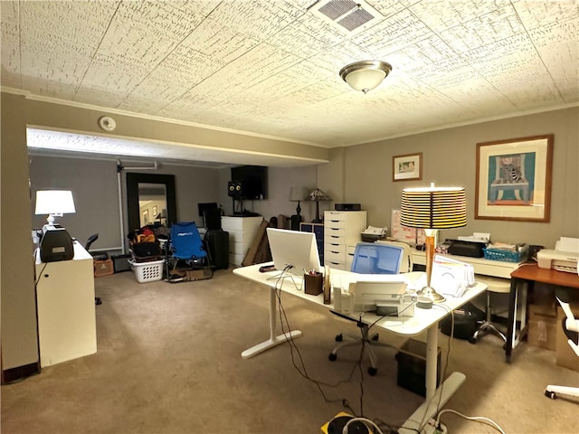 office space featuring carpet flooring and crown molding