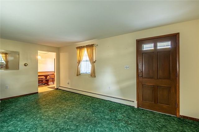 carpeted entrance foyer featuring a baseboard radiator