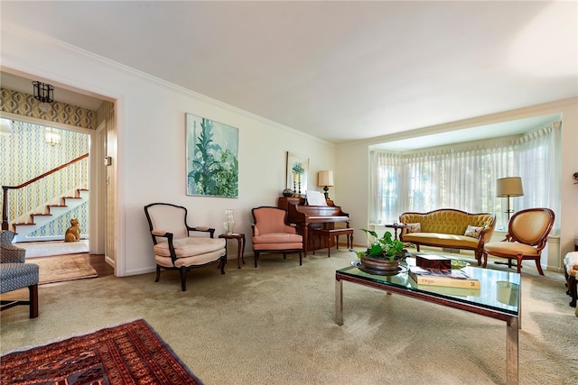 carpeted living room featuring crown molding