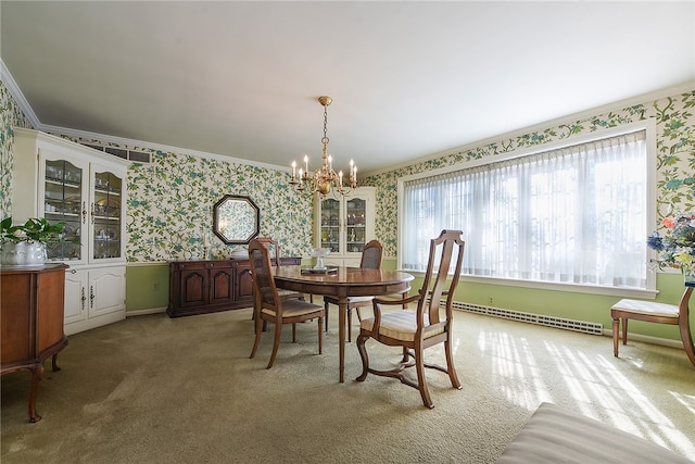 carpeted dining room featuring an inviting chandelier, ornamental molding, and a baseboard heating unit