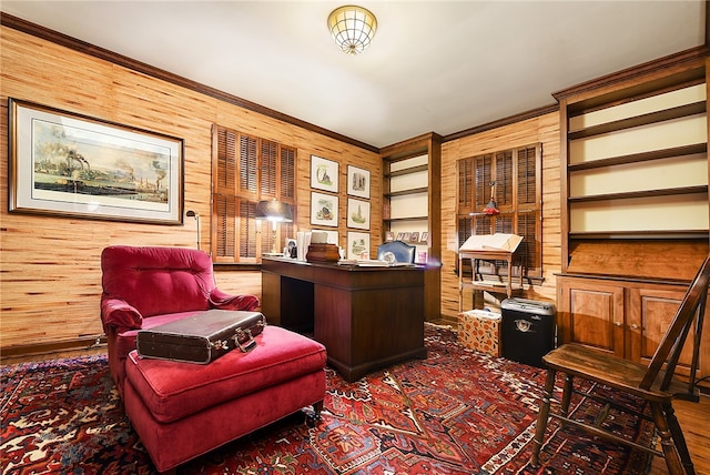 office space featuring hardwood / wood-style floors and wood walls