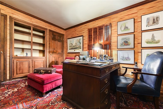 home office with crown molding and wood walls