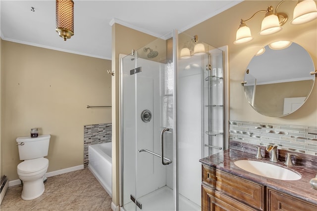 full bathroom featuring separate shower and tub, backsplash, toilet, ornamental molding, and vanity