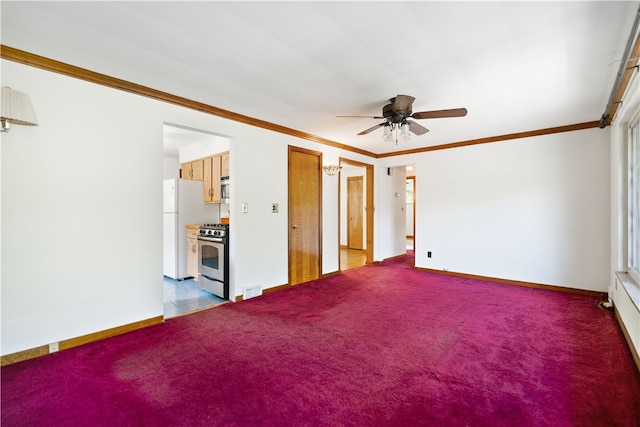 unfurnished bedroom featuring ornamental molding, white fridge, carpet flooring, and ceiling fan