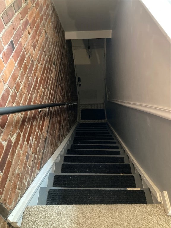 staircase featuring carpet flooring