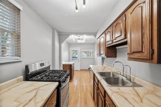 kitchen with a wealth of natural light, stainless steel appliances, light hardwood / wood-style floors, and sink