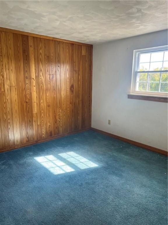 unfurnished room featuring dark colored carpet and wooden walls