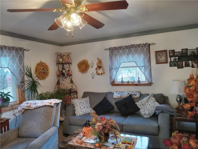 living room featuring ornamental molding and ceiling fan