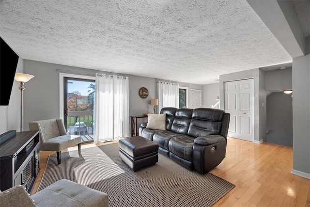 living room with a textured ceiling and light hardwood / wood-style flooring