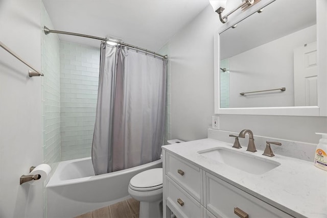 full bathroom with toilet, vanity, shower / bathtub combination with curtain, and wood-type flooring