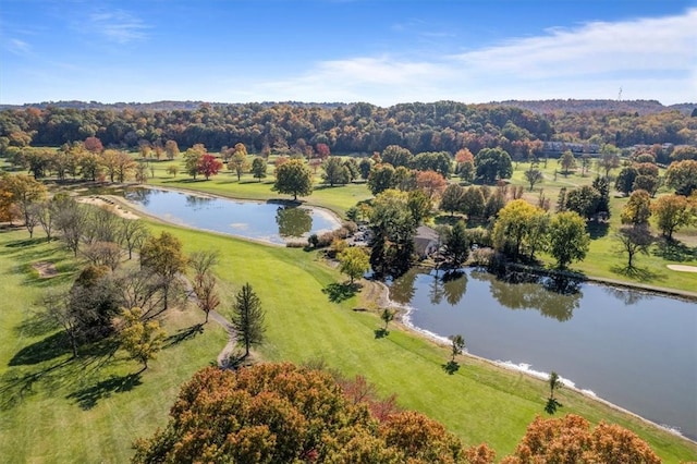 drone / aerial view with a water view