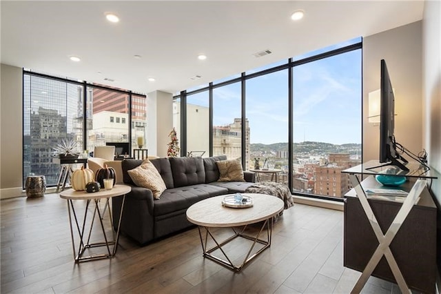 living room with a healthy amount of sunlight, wood-type flooring, baseboard heating, and floor to ceiling windows